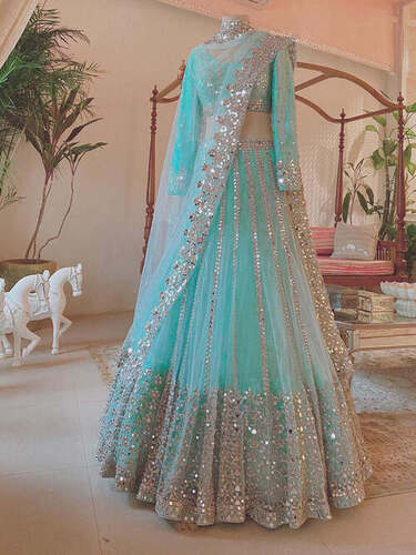 Bridal Designer Sky Blue Embroidery Lehenga With Short Sleeves