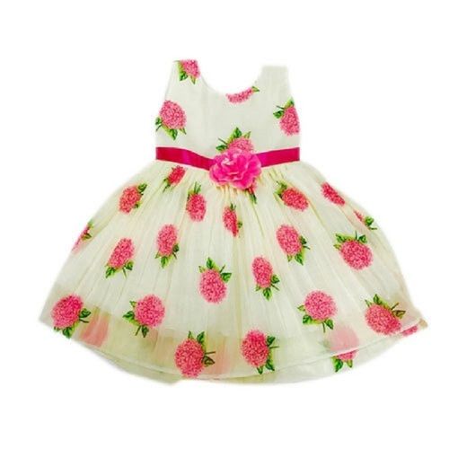 White Simple And Stylish Look Casual Wear Floral Printed Sleeveless Cotton Babies Frock 