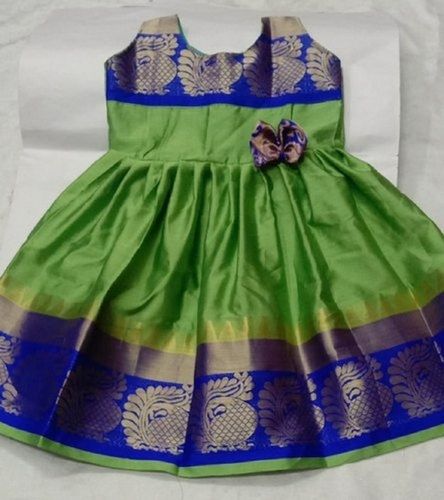 Green Blue Breathable Stylish Look Silk Party Wear Sleeveless Printed Border Babies Frock Gender: Girls