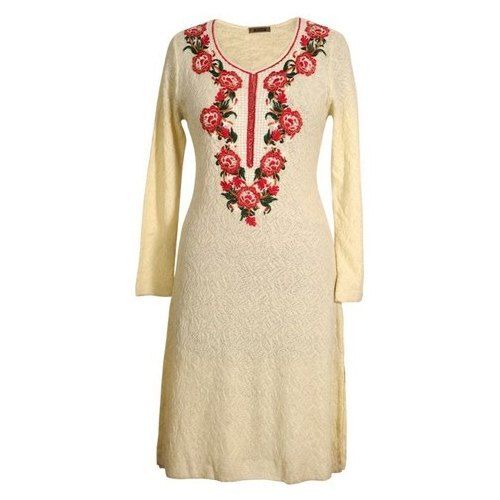 Quick Dry Light Yellow Color Pure Cotton Embroider Full Sleeve And Breathable Ladies Kurtis 