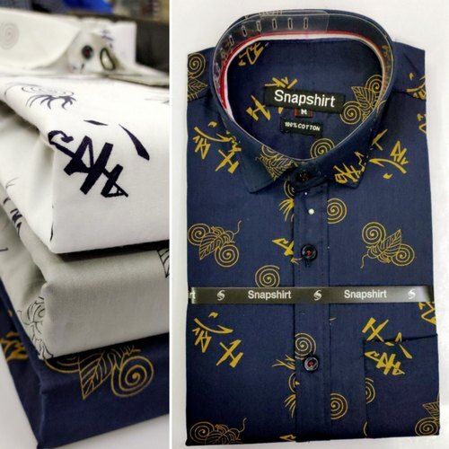 Men Comfortable Lightweight Collar Neck Full Sleeves Blue Printed Cotton Shirt Age Group: 16-22