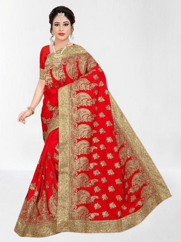 Party Wear Cotton Silk Designer Red Embroidered Wedding Classic Saree With Blouse