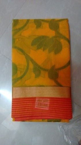 Traditional Yellow Attractive Designing And Beautiful Stylish Breathable Mango Soft Cotton Saree 