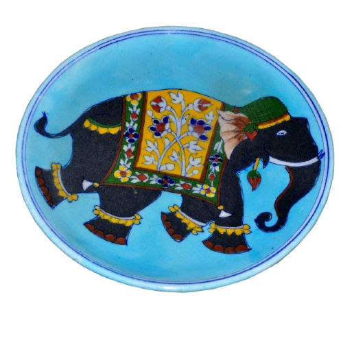 Elephant Print Blue Pottery Hand Painted Home Decor Wall Hanging Plate