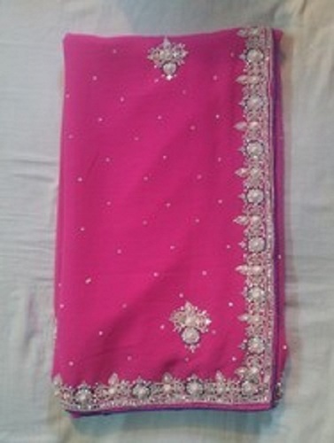 Buy Pink Satin Saree With Heavy Stone Work On The Borders In A Floral Design