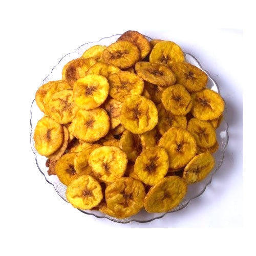 Hygienically Prepared Crispy Delicious Yummy And Salty Tasty Rich In Fiber Yellow Round Shape Banana Chips