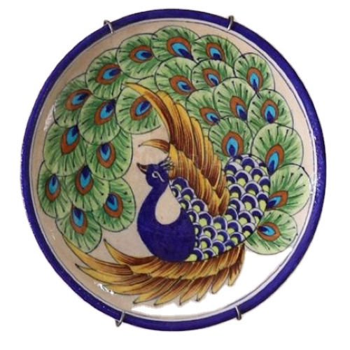 Customized Indian Blue Pottery Dancing Peacock Plate For Kitchen