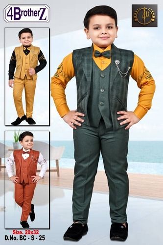 Boys Three Piece Suits - Plain Cotton Pant and Cotton Shirt with Checkered Jacket