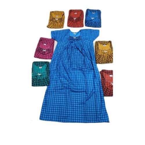 Silk Breathable Skin Friendly Wrinkle Free Casual Wear Ladies Checked Blue Cotton Nighty