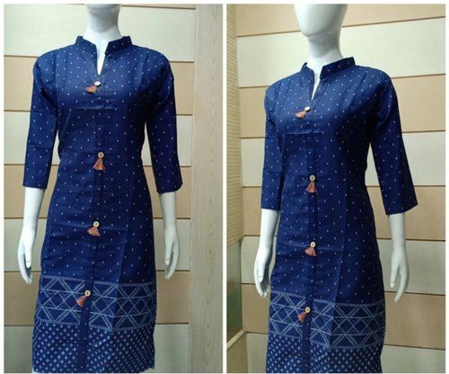 Quick Dry Fashionable And Breathable Denim Navy Blue Kurti For Ladies Casual Wear