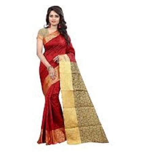 Printed Ladies Party Wear Fashionable Stylish Red And Golden Cotton Silk Saree