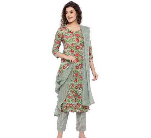 Women 3/4 Sleeves Round Neck Breathable Floral Printed Green And Red Cotton Kurta