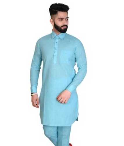 Indian Men Summer Wear Full Sleeves Breathable Plain Sky Blue Cotton Kurta Pajama 