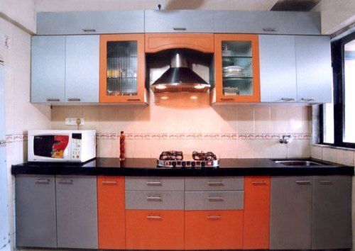 Orange And Grey Mdf Material 3 Feet Height Gloss Finish Modular Kitchen