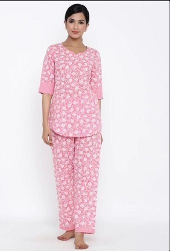 Pink And White Comfortable Printed Plain Ladies Cotton Night Suit  Size: Double Extra Small