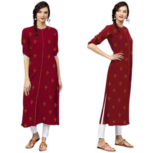 Breathable Rayon Round Neck Regular Ladies Printed Maroon Kurti