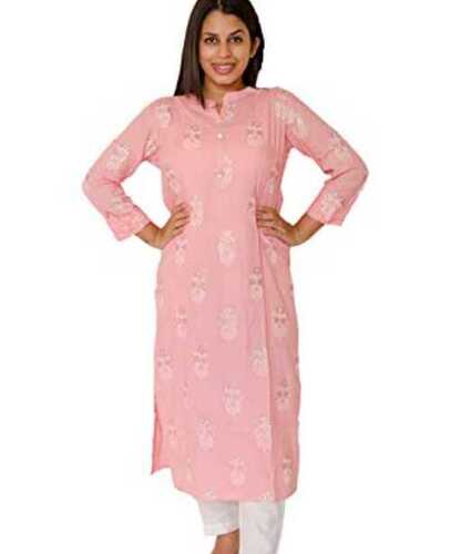 Women Collar Neck 3/4 Sleeves Casual Wear Cotton Printed Light Pink Kurti