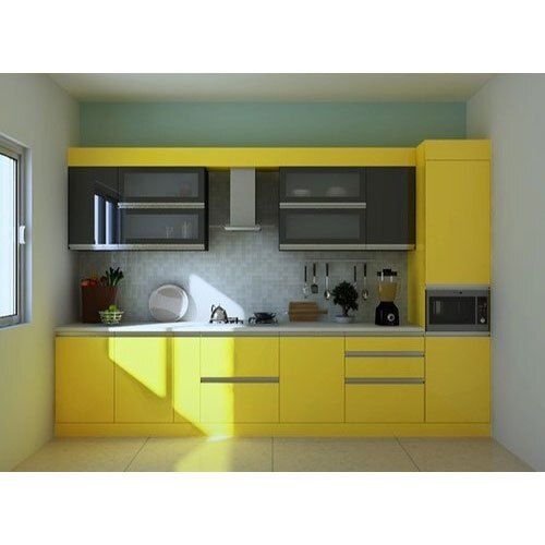 Yellow And Black Straight Shape Gloss Finish Designer Modular Kitchen  Carpenter Assembly