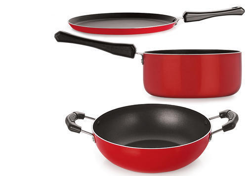 1 Year Warranty Red Round Bakelite Handle Material Non Sticky Aluminum Cookware Set