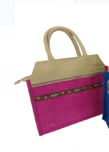 Pink And Brown Rectangular Zipper Lock Eco Friendly Jute Bag 