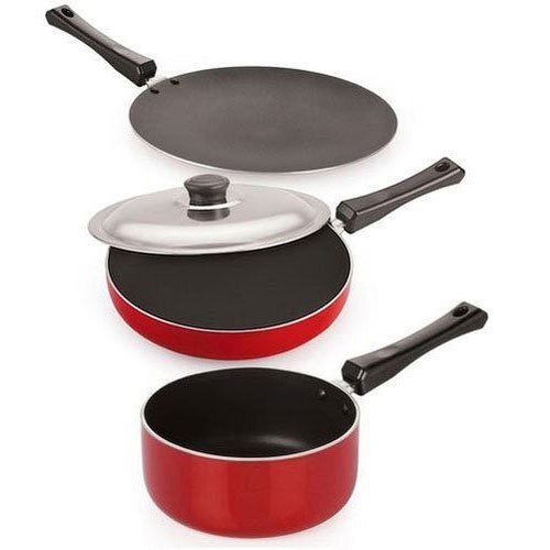 Red And Silver Polished Finish Aluminum Base Non Stick Cookware Set