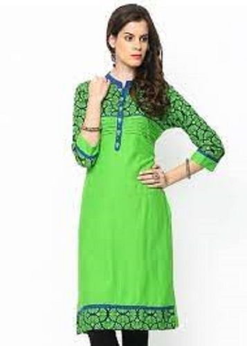 Women Light Wight And Comfortable Easy To Wear Cotton Printed Stitched Green Kurti Decoration Material: Beads