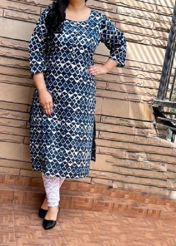 Blue Printed Cotton Poplin Ladies Kurti