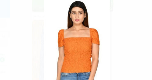 Orange Regular Fit Half Sleeves Stylish Plain Cotton Women Tops 