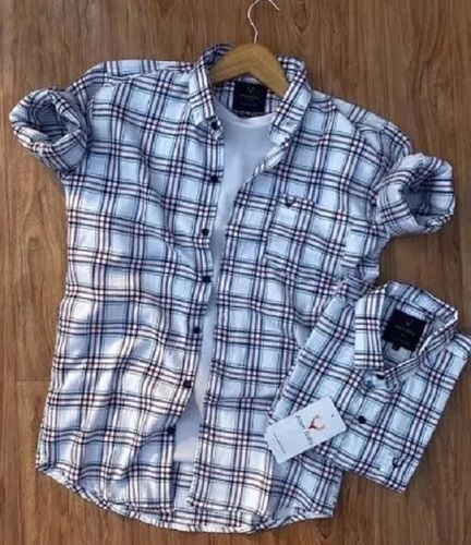 White And Blue Check Pattern Causal Wear Full Sleeves Straight Collar Men Shirts