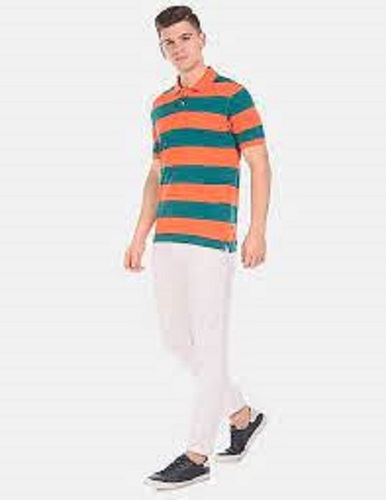 Multi Color Striped Pattern Mens Collared T Shirts