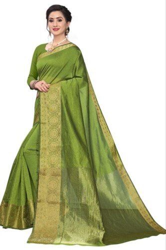 Plain Fashionable Cotton Silk Green Saree With Blouse Piece For Ladies Party Wear 