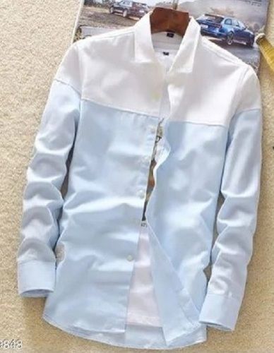 White And Sky Blue Causal Wear Full Sleeves Straight Collar Men Shirts