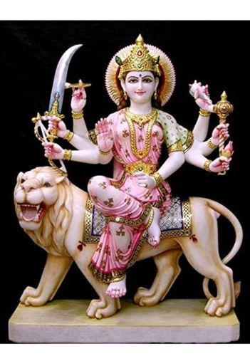 White Marble Durga Devi Statue Sitting On Lion For Home Temple Decor