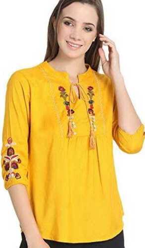 Women 3/4 Sleeves Breathable And Light Weight Rayon Embroidered Yellow Top