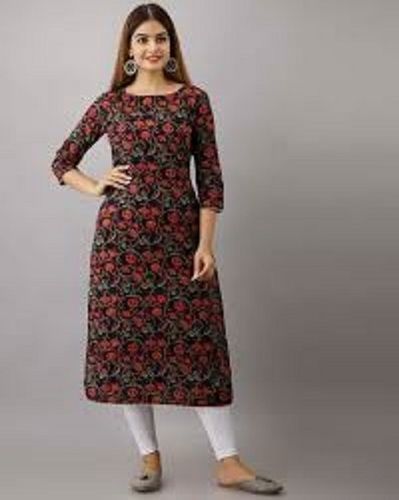 Women 3/4 Sleeves Comfortable Breathable Round Neck Black Printed Cotton Kurti Decoration Material: Beads