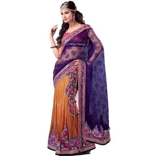 Blue Women Lightweight Party Wear Elegant Look Embroidered Orange And Purple Saree