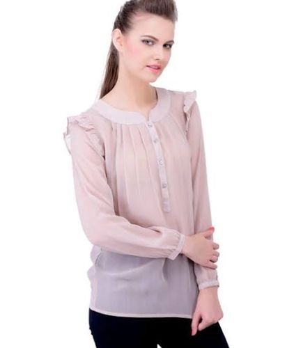 Casual Dress Women Long Sleeves Breathable And Light Weight Chiffon Plain Pink Top