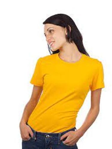 Yellow Casual Wear Round Neck Short Sleeve Plain Cotton T-Shirt For Women