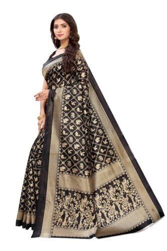 Winter Comfortable And Washable Black With Golden Printed Cotton Silk Saree For Party