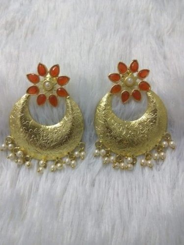 Golden Polished Party Wear Stone Work Artificial Chand Earrings