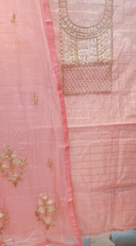 Pink And Golden Embroidered Pattern Unstitched Suit For Ladies Casual Wear  Decoration Material: Beads