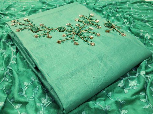 Sea Green Embroidered Pattern Cotton Fabric Unstitched Suits With Dupatta For Ladies Decoration Material: Beads