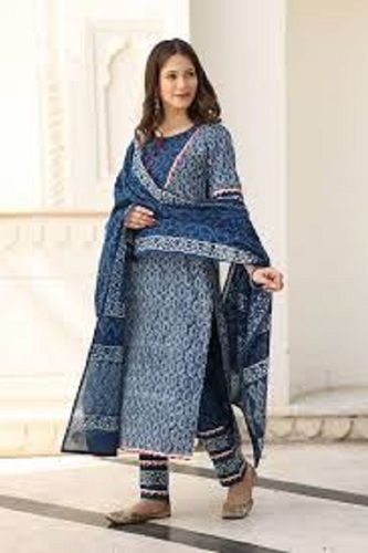 Gray Women Casual Wear Lightweight Round Neck 3/4 Sleeves Printed Blue Suit Salwar 