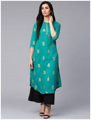 Women Comfortable Skin Friendly Breathable Round Neck Printed Green Cotton Kurti