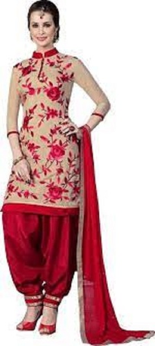 Women Elegant Look Light Weight Collar Neck 3/4 Sleeves Red And Brown Fancy Suit