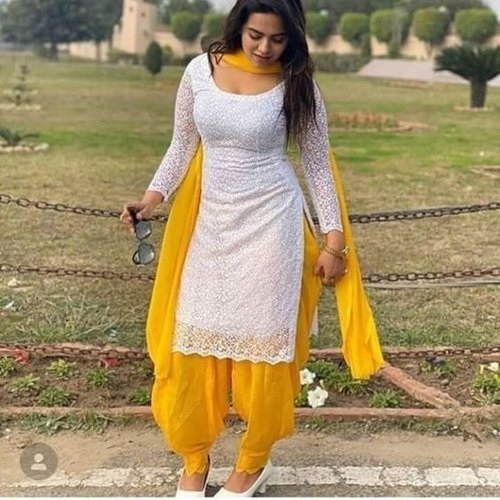 women light weight comfortable round neck 3 4 sleeves white yellow salwar suit 226
