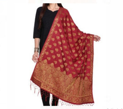 Red Embroidery Work Stylish Design Length 2 Meter Silk And Cotton Ladies Stole 