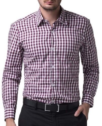 Maroon And White Classic Collar Full Sleeves Cotton Satin Plain Pattern Check Shirt