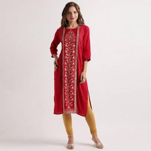 Red Daily Wear 3/4Th Sleeves With Embroidered Pattern Cotton Kurti For Women