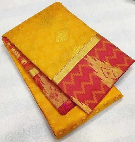 Summer Festive Wear Comfortable And Breathable Easy To Wash Yellow Red Designing Art Silk Saree For Ladies